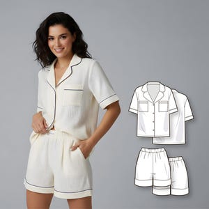 Könnte beinhalten: Cremefarbenes Pyjama-Set mit schwarzem Besatz, bestehend aus einem kurzärmeligen Hemd mit Knöpfen und passenden Shorts. Das Set hat ein klassisches Design mit entspannter Passform. Eine Strichzeichnung des Pyjama-Sets ist ebenfalls abgebildet.