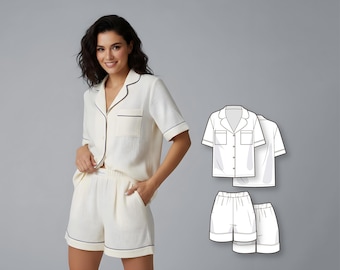 Women’s Muslin Pajama Sewing Pattern, Short Sleeve Button Shirt and Elastic Waist Shorts