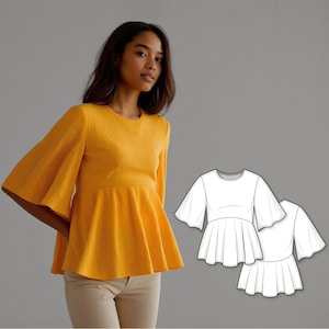 Blusa/top tejido con cintura alta-baja y mangas kimono hasta el codo - Patrón de costura PDF fácil de coser para mujer