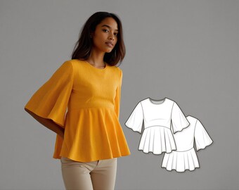 Geweven top/blouse met hoge taille en kimonomouwen tot over de elleboog - Eenvoudig te naaien pdf-naaipatroon voor dames
