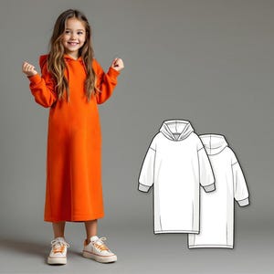 Vestido com capuz para meninas, padrão de costura em PDF, padrão fácil de moletom e vestido para crianças, padrão digital de costura para iniciantes, PDF para impressão