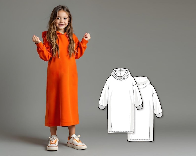 Mädchen Hoodie Kleid Schnittmuster PDF, einfaches Hoody und Kleid Muster für Kinder, Anfänger Nähen Digital Pattern, druckbare PDF Bild 1