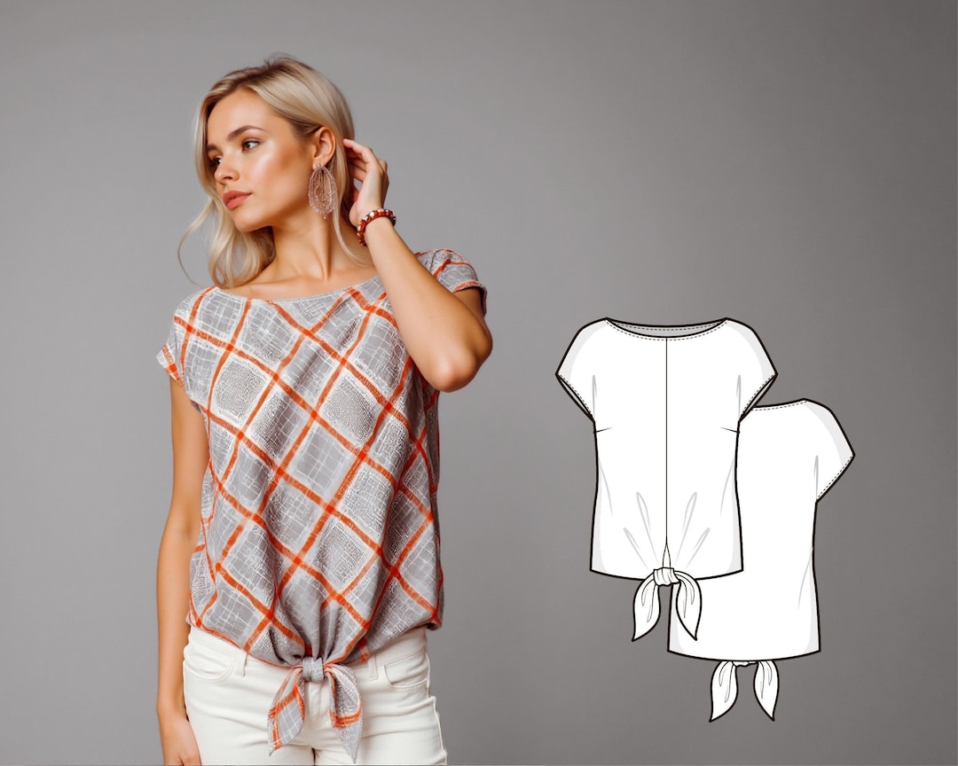 Short Sleeve Woven Blouse With Front Tie - PDF Sewing Pattern for Women ...