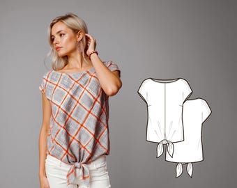 Short sleeve woven blouse with front tie - PDF sewing pattern for women