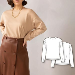 Einfach zu nähendes Sweatshirt mit Tropfen-Schulter-Strick, Langarm und Rundhalsausschnitt - PDF-Schnittmuster für Frauen