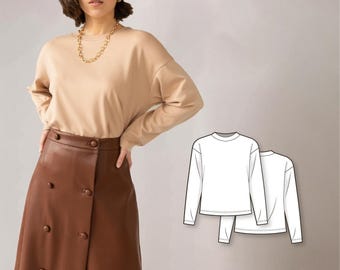 Easy to sew drop shoulder knit sweatshirt with long sleeve and round neckline - PDF sewing pattern for women
