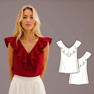 Gemakkelijk te naaien geweven blouse/top met V-vormige volanthalslijn - pdf-naaipatroon voor dames