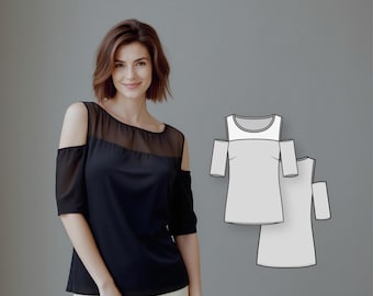 Women’s Blouse Sewing Pattern, Relaxed Fit Top with Shoulder Cut Out and Short Sleeves