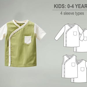 Baby girl or boy wrap t-shirt with 4 sleeve types, long, long cuffed, short sleeve, sleeveless - Baby knit PDF sewing pattern