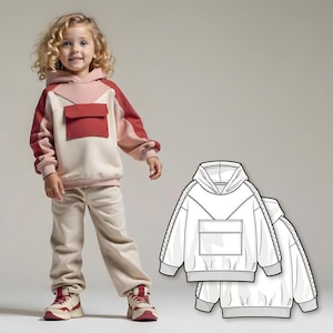 Può includere: Un bambino indossa una felpa con cappuccio a blocchi di colore e pantaloni abbinati. La felpa con cappuccio è color crema, rosa e rossa con una tasca frontale. I pantaloni sono beige. Il bambino indossa anche scarpe da ginnastica rosse e beige. Un disegno a tratto della felpa con cappuccio è sullo sfondo.