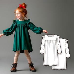 Girls A-Line Dress Sewing Pattern, DIY Long Puffed Sleeve Dress, Tiered Gathered Top, Beginner Friendly PDF for Kids