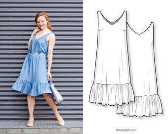Sleeveless summer woven dress pattern with ruffled hem and V-shape neckline - PDF sewing pattern for women