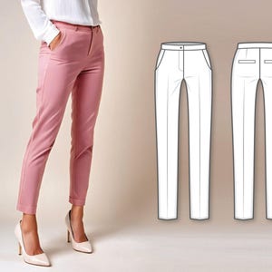 Può includere: Pantaloni rosa chiaro su misura con una vestibilità slim, con una tasca anteriore e un orlo risvoltato. L'immagine mostra anche un disegno tecnico dei pantaloni, che mostra le viste anteriore e posteriore. La modella indossa tacchi alti.