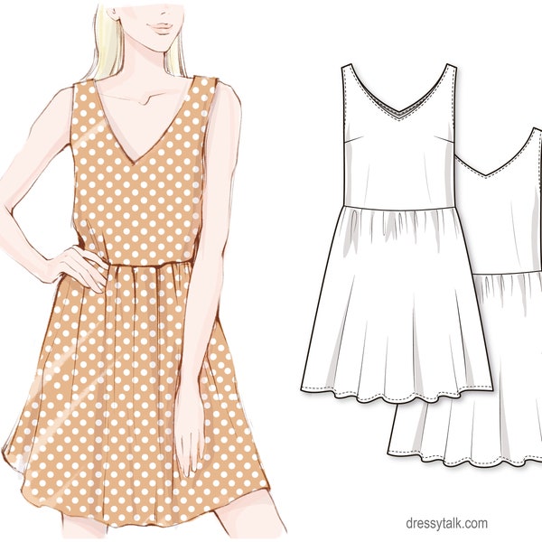 Easy to sew woven tank top dress with gathered knee length skirt - PDF sewing pattern for women