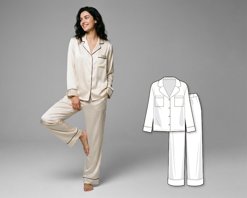 Puede incluir: Conjunto de pijama color crema con ribete negro, que incluye una camisa con botones y un pantal&oacute;n. La imagen muestra a una persona usando el pijama, con un dibujo lineal del conjunto al lado. El pijama es de un material suave y sedoso.