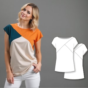 May include: A colour-block top with teal, orange, and cream panels. The short-sleeved shirt has a knot detail at the waist. A pattern illustration of the top is shown on the right side of the image.