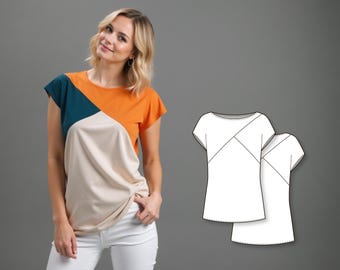 Women’s Color Block Blouse Sewing Pattern, Relaxed Fit Top with Kimono Sleeves and Boat Neck