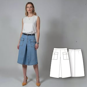 May include: A woman in a light blue denim skirt with two front pockets and a front pleat, paired with a white sleeveless top, a black belt, and tan heels. A pattern illustration of the skirt is in the background.
