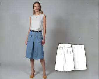 Women’s A-Line Skirt Sewing Pattern, Box Pleat Cargo Skirt with Patch Pockets