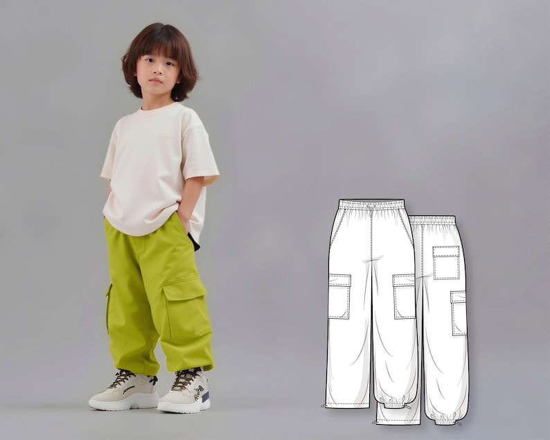 Patrón de costura para pantalones cargo anchos para niños (PDF), patrón fácil para principiantes, descarga de patrones digitales imagen 1