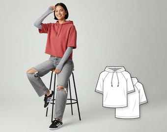 Short raglan sleeve hoodie - PDF sewing pattern for women