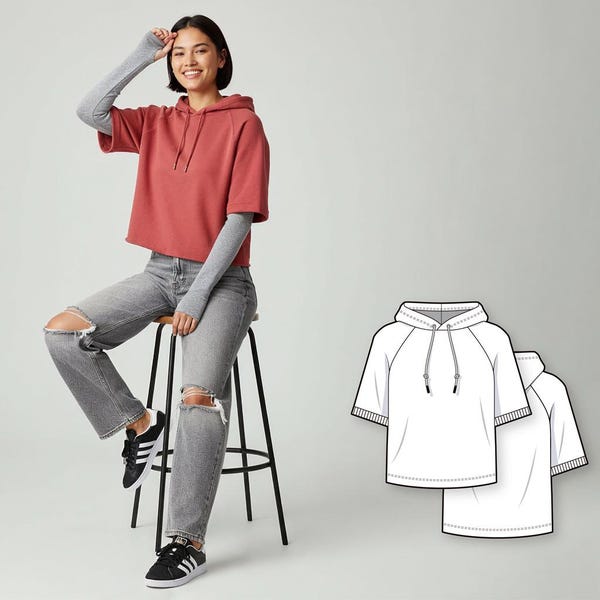 Short raglan sleeve hoodie - PDF sewing pattern for women