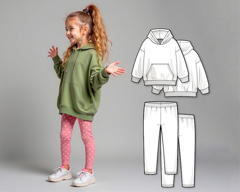 Girls Hoodie and Leggings Sewing Pattern PDF, Easy Hoody and Pants Pattern for Kids, Beginner Sewing Digital Patterns, Printable Outfit image 1