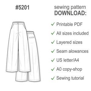 May include: Line drawing of two pairs of wide-leg pants, one with a button and zipper closure, the other with an elastic waistband. Text above reads "#5201" and "sewing pattern DOWNLOAD:". Includes details: Printable PDF, all sizes, layered sizes, seam allowances, US letter/A4, A0 copy-shop, and sewing tutorial.
