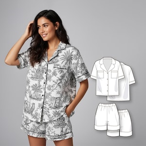 May include: White and black pajama set with a botanical and animal print. The short-sleeved top and shorts feature black trim and button closures. A pattern illustration of the pajama set is also shown.