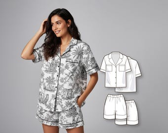 Women’s Summer Pajama Sewing Pattern, Short Sleeve Button Shirt and Elastic Waist Shorts