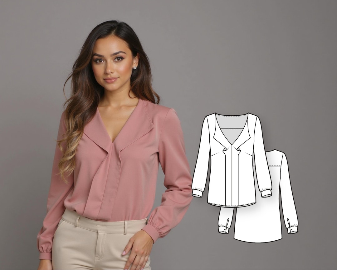 Women’s Blouse Sewing Pattern, Long Sleeve Top With Lapel Collar and V ...