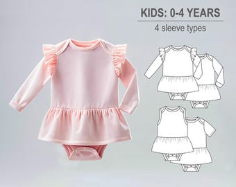 Baby girl or boy romper/bodysuit/onesie with flutter sleeve ruffle and skirt, long and short sleeve - Baby knit clothes PDF sewing pattern