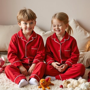Puede incluir: Dos niños con pijamas rojos a juego con ribetes blancos sentados en una alfombra color crema. Los pijamas incluyen una camisa con cuello y pantalones. Un árbol de Navidad y peluches en el fondo.