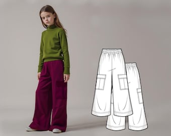 May include: A young person wearing a green turtleneck sweater and wide-leg, burgundy pants. The image also includes a technical drawing of similar pants, showing the design with pockets and an elastic waistband. The pants are a deep, rich color.