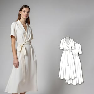 Puede incluir: Vestido cruzado de color marfil con mangas cortas y cinturón a juego. El vestido presenta un escote en V y una falda fluida. También se muestra un dibujo lineal del vestido. Este elegante vestido es adecuado para varias ocasiones.