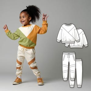 Cartamodello PDF per tuta a blocchi di colore, set fai da te per principianti di felpa e pantaloni da tuta per bambini, pullover e pantaloni della tuta per bambini piccoli