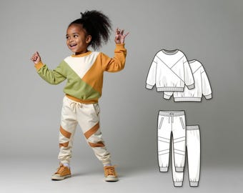 Color Block Tracksuit PDF Sewing Pattern, Beginner DIY Sweatshirt and Track Pants Set for Kids, Toddler Pullover and Sweatpants