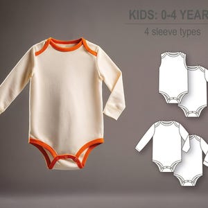 Baby girl or boy romper/bodysuit/onesie with 4 sleeve types, long, long cuffed, short sleeve, sleeveless - Baby knit PDF sewing pattern