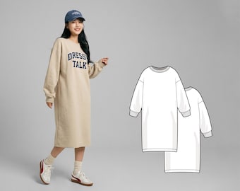 Women’s Oversized Maxi Sweatshirt Dress Sewing Pattern, Round Rib Neck Long Sleeve Dress