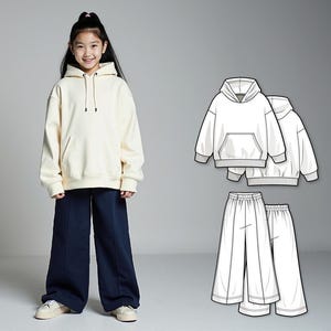 Girls Hoodie and Sweatpants Sewing Pattern PDF, Wide Pants and Easy Hoody, Beginner Kids Patterns, Digital Pattern Sew Download