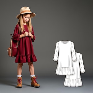 Kids Knee Length Dress Sewing Pattern, Long Puff Sleeve Pullover, Ruffle Hem A-Line PDF for Girls, Simple Beginner DIY