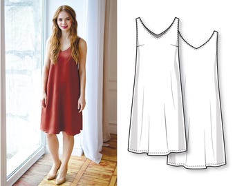 Simple silk slip A-line midi dress for beginners - PDF sewing pattern for women