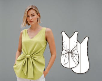 Women’s Front Tie Blouse Sewing Pattern, Regular Fit Sleeveless V-Neck Top