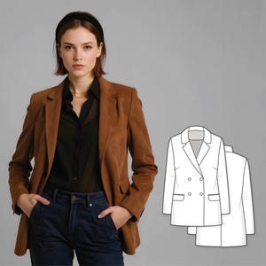 May include: A brown corduroy blazer with a double-breasted design. The blazer is worn over a black shirt and dark blue jeans. A black headband and gold necklace complete the look. A white line drawing of a blazer is in the background.