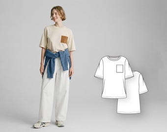 Women’s Minimalist Tee Sewing Pattern, Casual Knit Top with Elbow-Length Sleeves