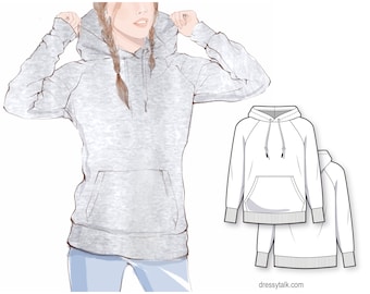 Basic regular fit raglan sleeve sweatshirt hoodie - PDF sewing pattern for women