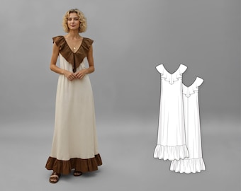 Women’s V-Neck Slip Dress Sewing Pattern, Ruffled Tiered Maxi Midi Dress