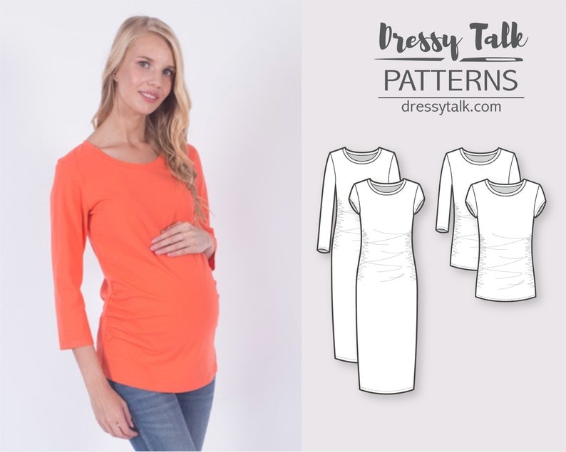 Zwangerschaps top/t-shirt/jurk met lange of korte mouwen en ronde hals PDF naaipatroon voor dames afbeelding 4