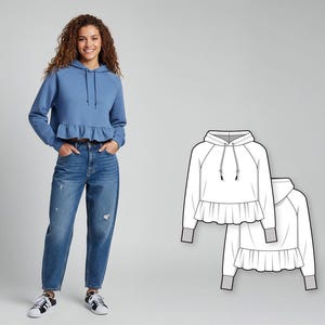Regular fit raglan sleeve ruffled cropped sweatshirt hoodie - PDF sewing pattern for women