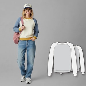 May include: A person wearing a blue and cream raglan sweatshirt with a yellow trim, blue jeans, and a baseball cap. A pink shoulder bag is worn. A line drawing of the sweatshirt is also shown.